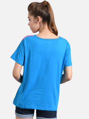 Kotty Women Blue & Yellow Colourblocked Round Neck T-shirt