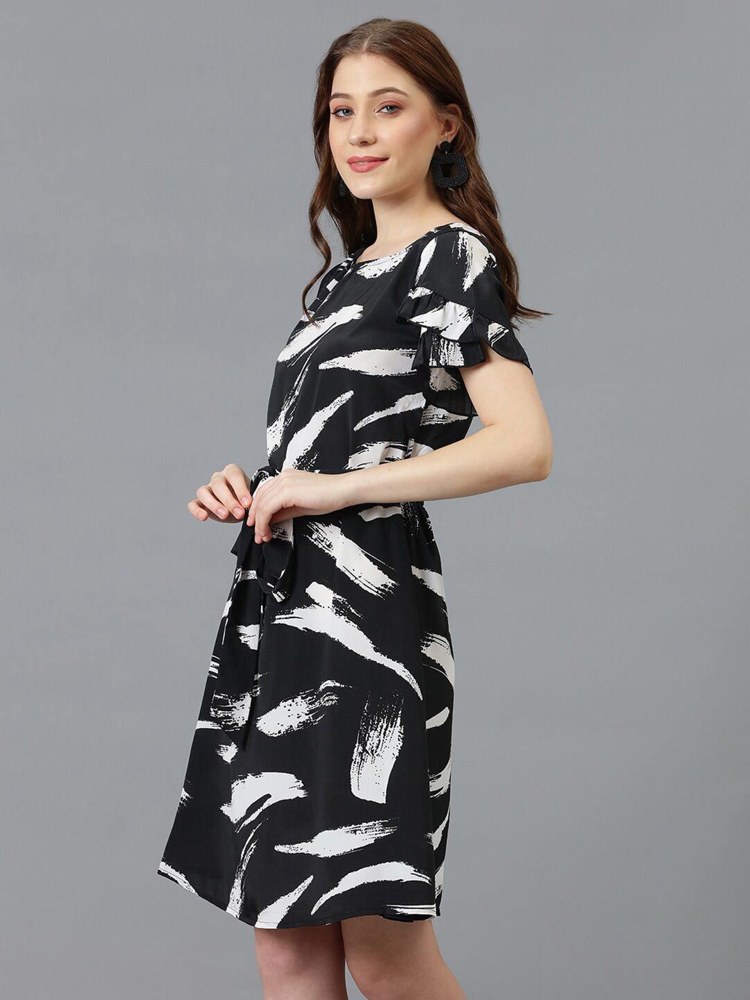 Kotty Black Abstract Printed Satin A-Line Dress