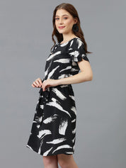Kotty Black Abstract Printed Satin A-Line Dress