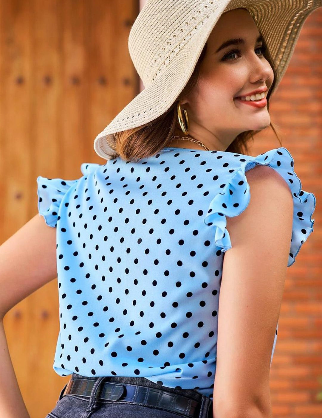 Kotty Polka Dot Printed Flutter Sleeves Crepe Top