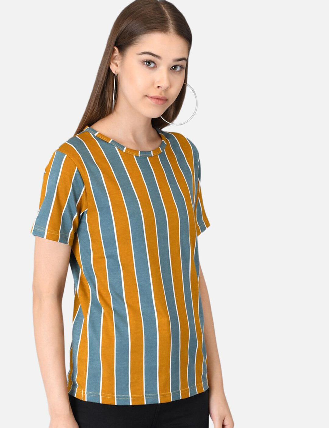 Kotty Women Yellow & Grey Striped Round Neck T-shirt