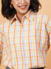 Kotty Orange Spread Collar Checked Casual Shirt