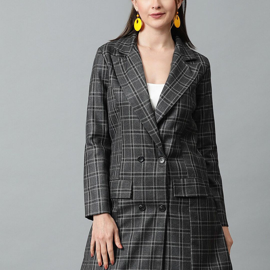 KOTTY BIZwear Grey Checked Double-Breasted Overcoat