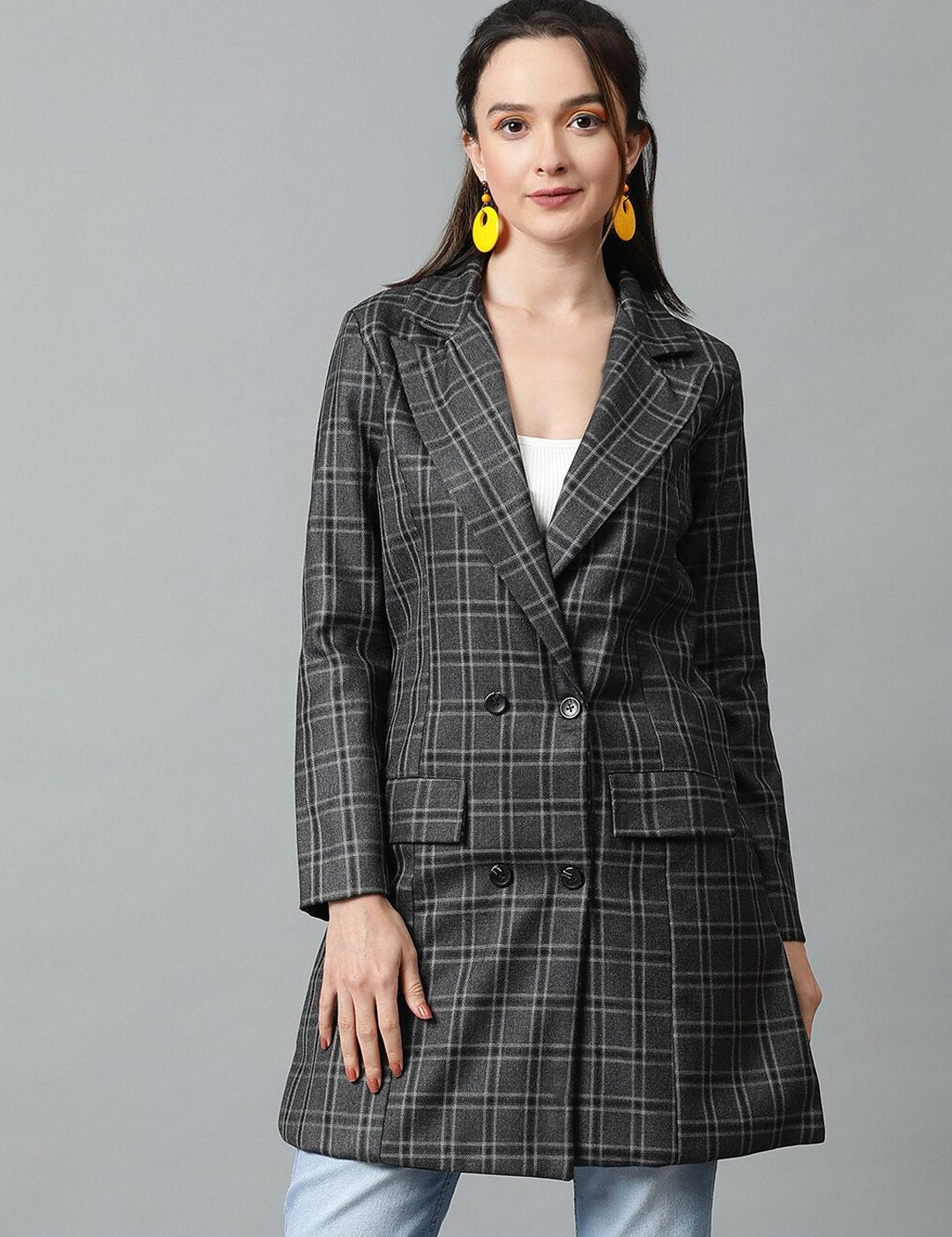 KOTTY BIZwear Grey Checked Double-Breasted Overcoat