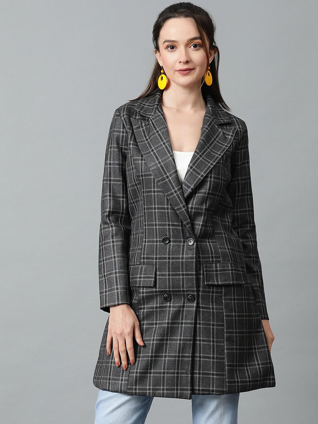 KOTTY BIZwear Grey Checked Double-Breasted Overcoat