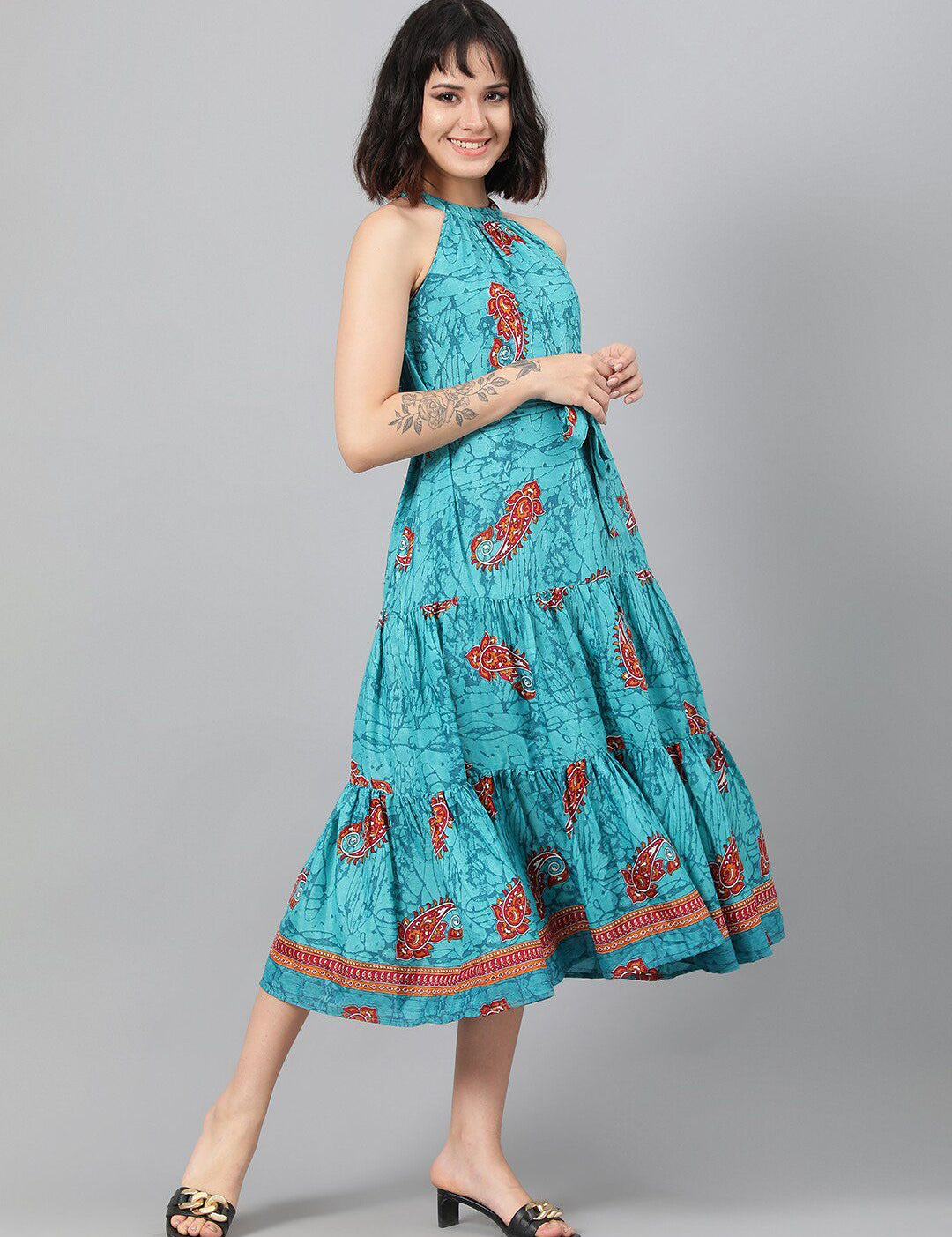 Kotty Turquoise Blue Ethnic Motif Printed Tiered Fit & Flare Midi Dress With Belt