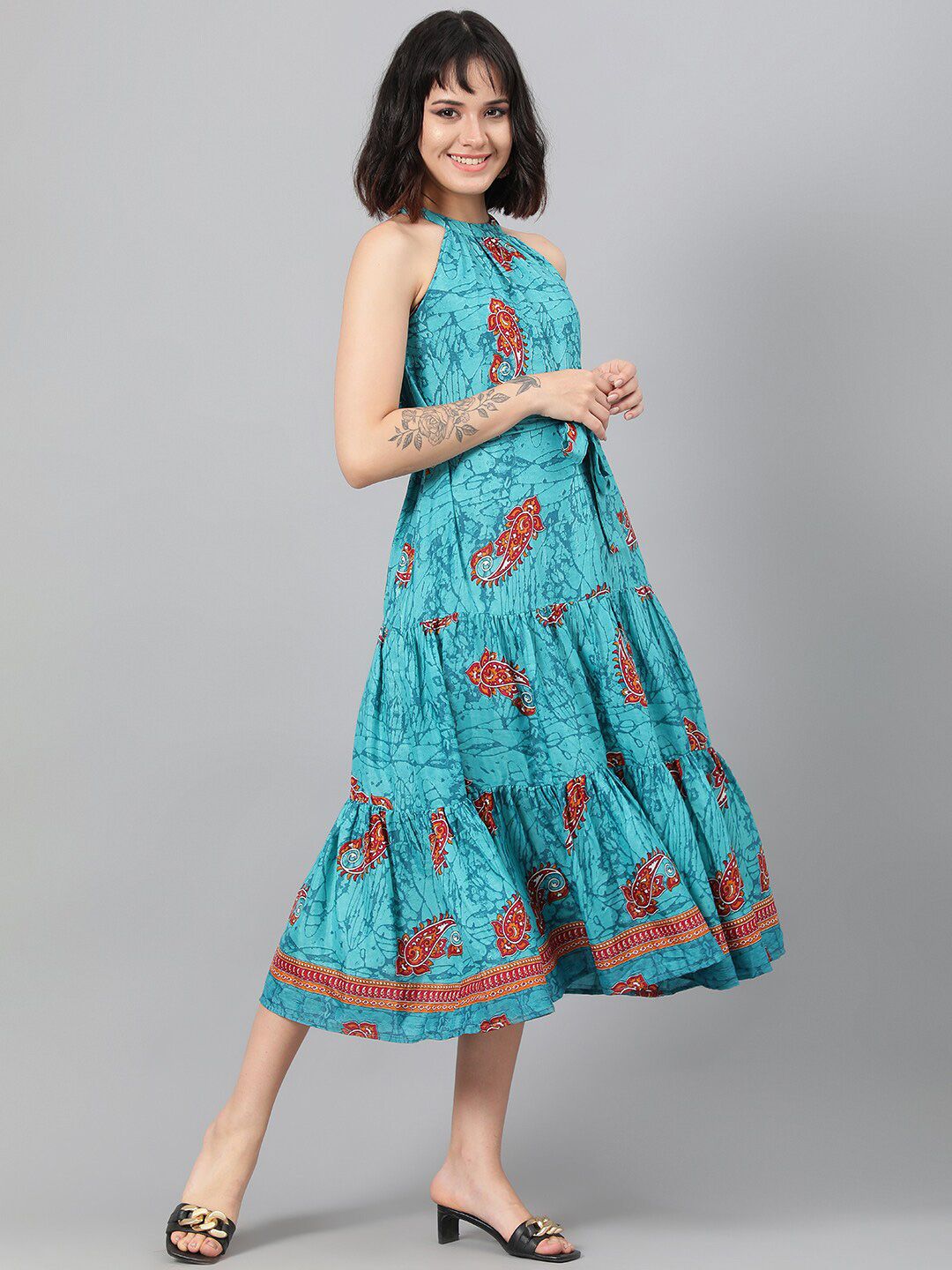 Kotty Turquoise Blue Ethnic Motif Printed Tiered Fit & Flare Midi Dress With Belt