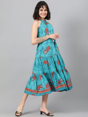 Kotty Turquoise Blue Ethnic Motif Printed Tiered Fit & Flare Midi Dress With Belt