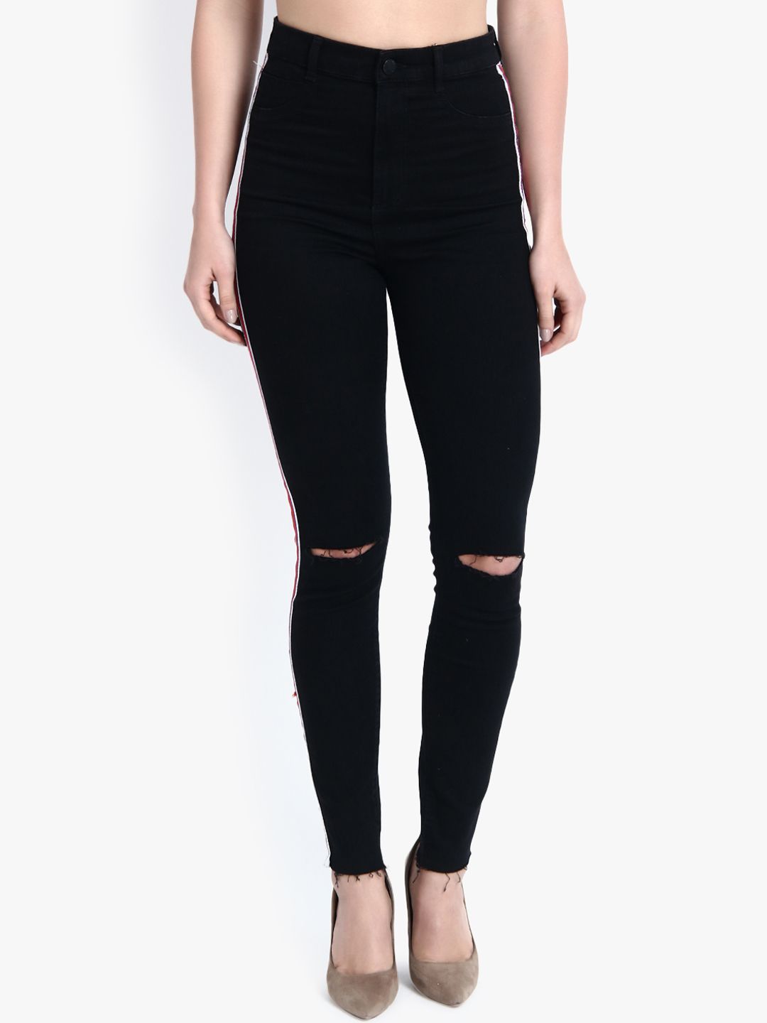 Kotty Women Black Skinny Fit High-Rise Slash Knee Stretchable Jeans