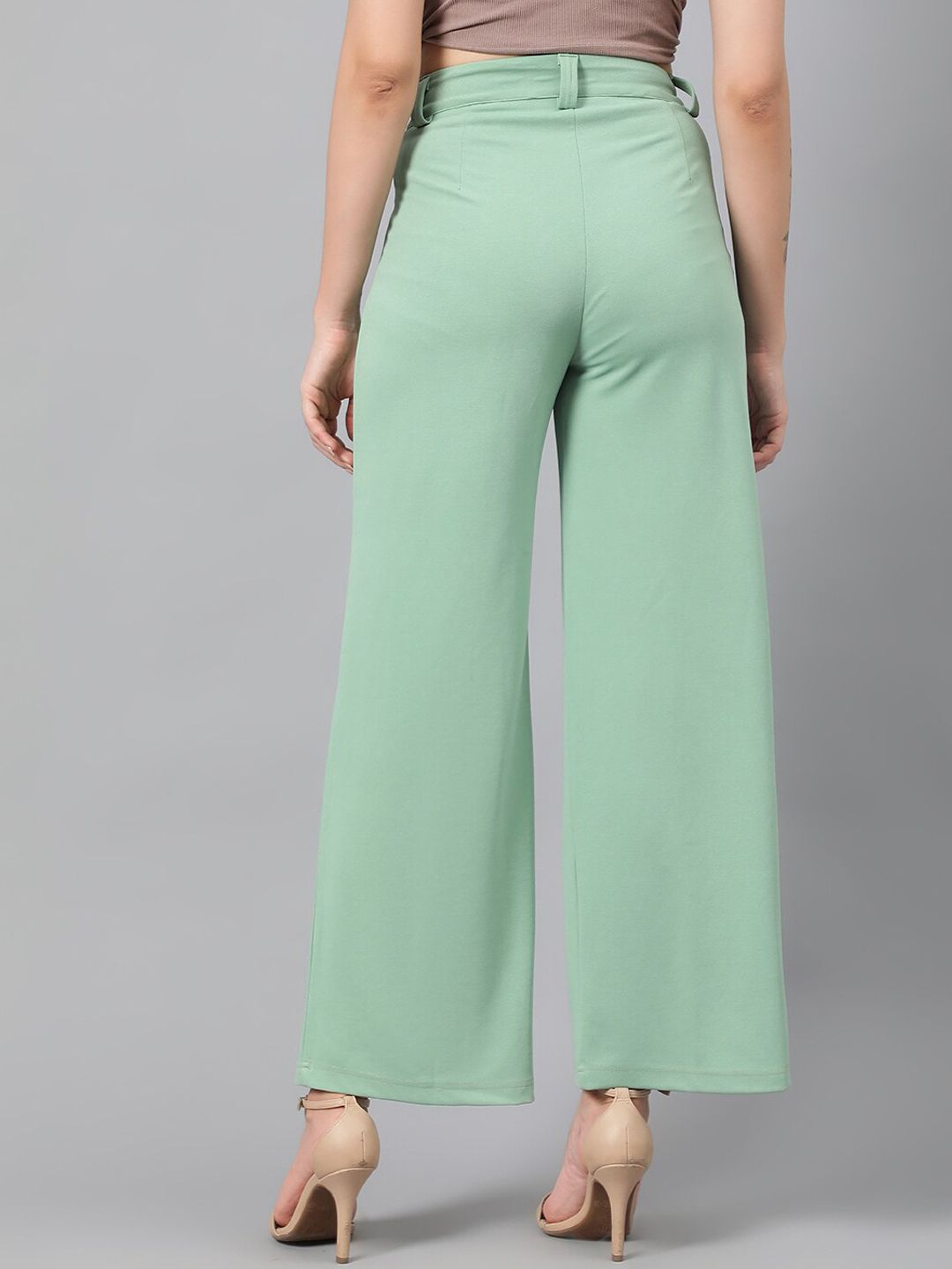 Kotty Women Green Relaxed Straight Leg Fit High-Rise Easy Wash Pleated Parallel Trousers