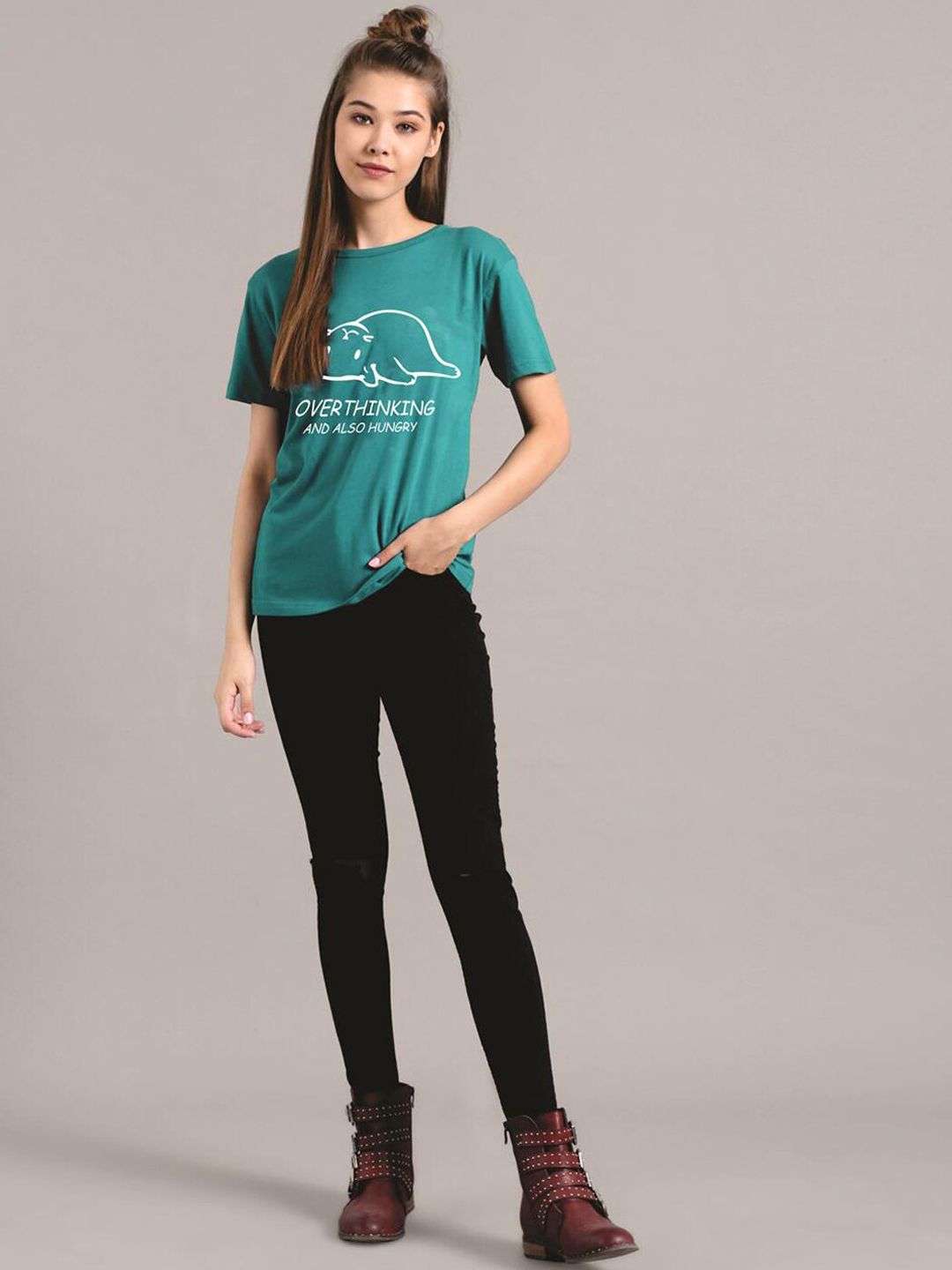 Kotty Women Green Printed Round Neck T-shirt