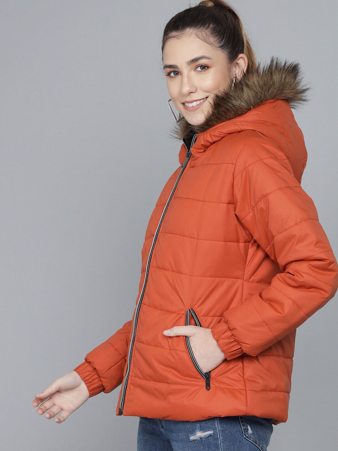 Kotty Women Orange Striped Lightweight Parka Jacket