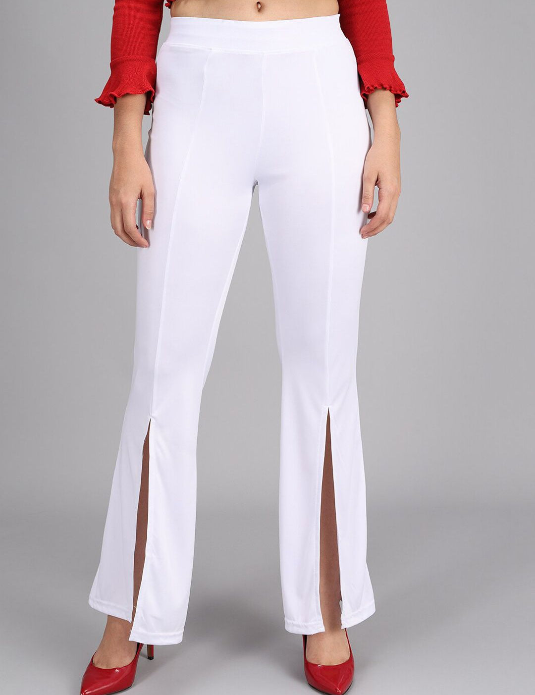 Kotty Women White Flared High-Rise Parallel Trousers