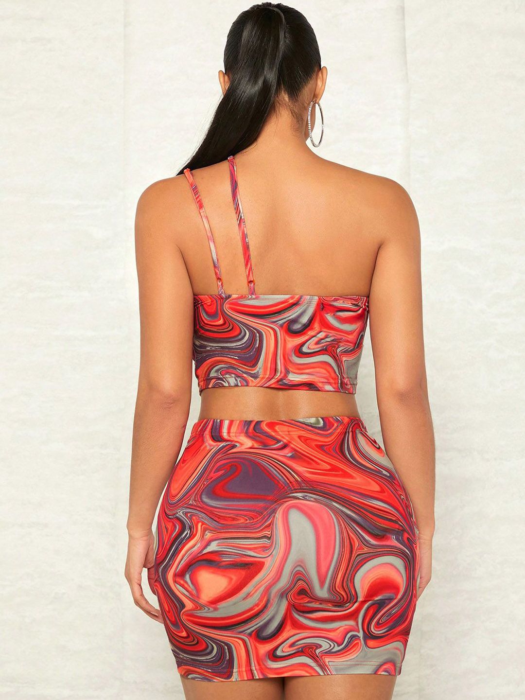 Kotty Brown Abstract Printed One Shoulder Top With Skirts