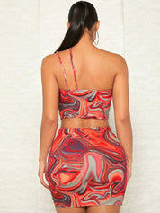 Kotty Brown Abstract Printed One Shoulder Top With Skirts