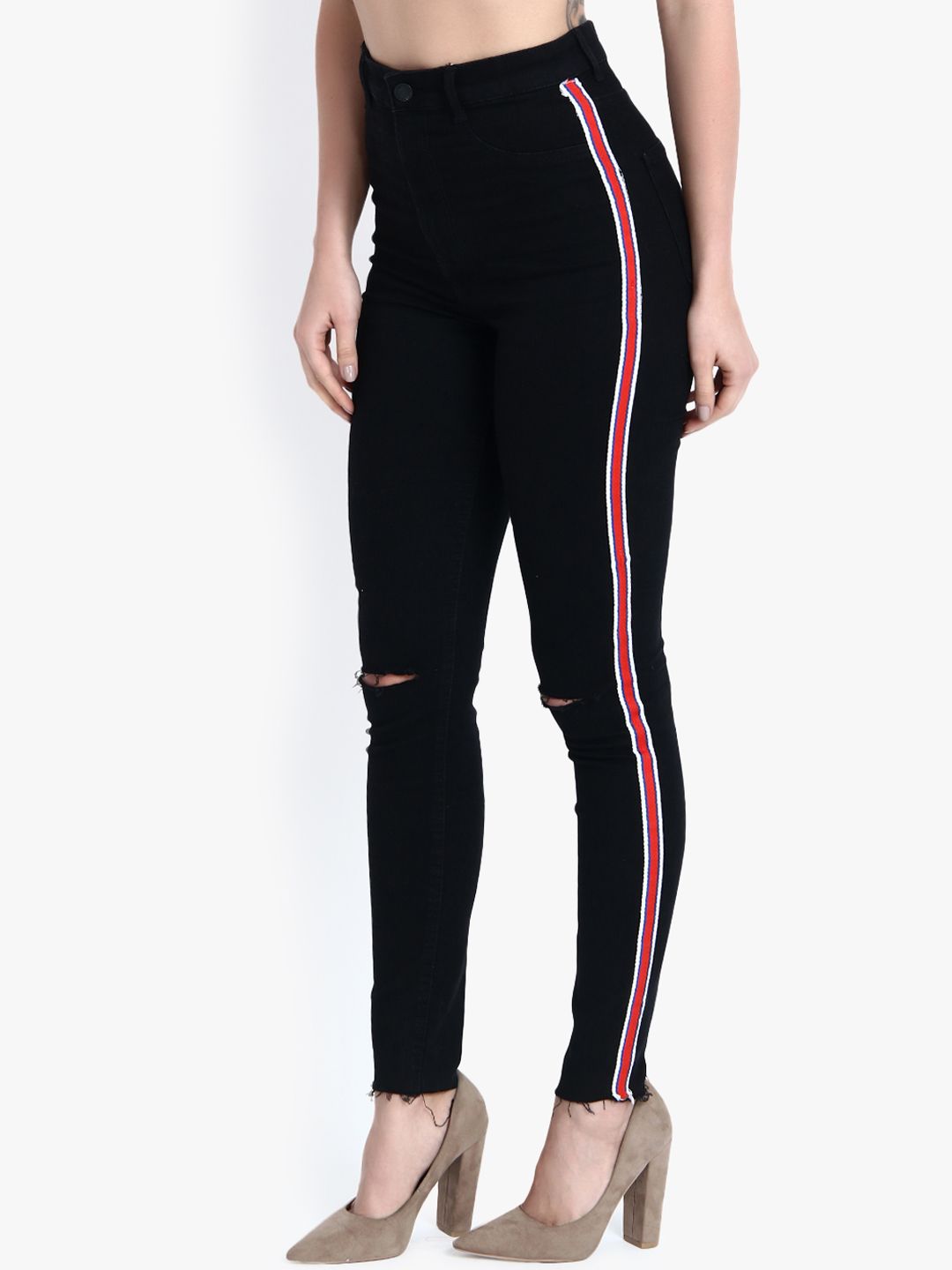 Kotty Women Black Skinny Fit High-Rise Slash Knee Stretchable Jeans