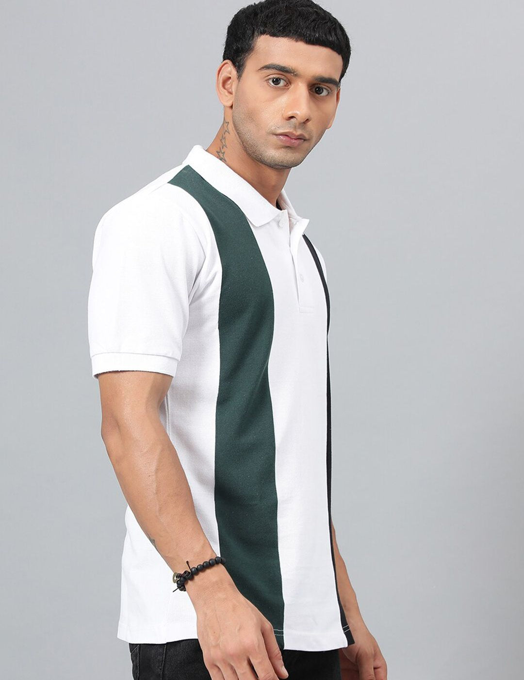 Kotty White & Green Colourblocked Polo Collar Cotton T-shirt