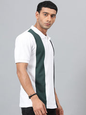 Kotty White & Green Colourblocked Polo Collar Cotton T-shirt