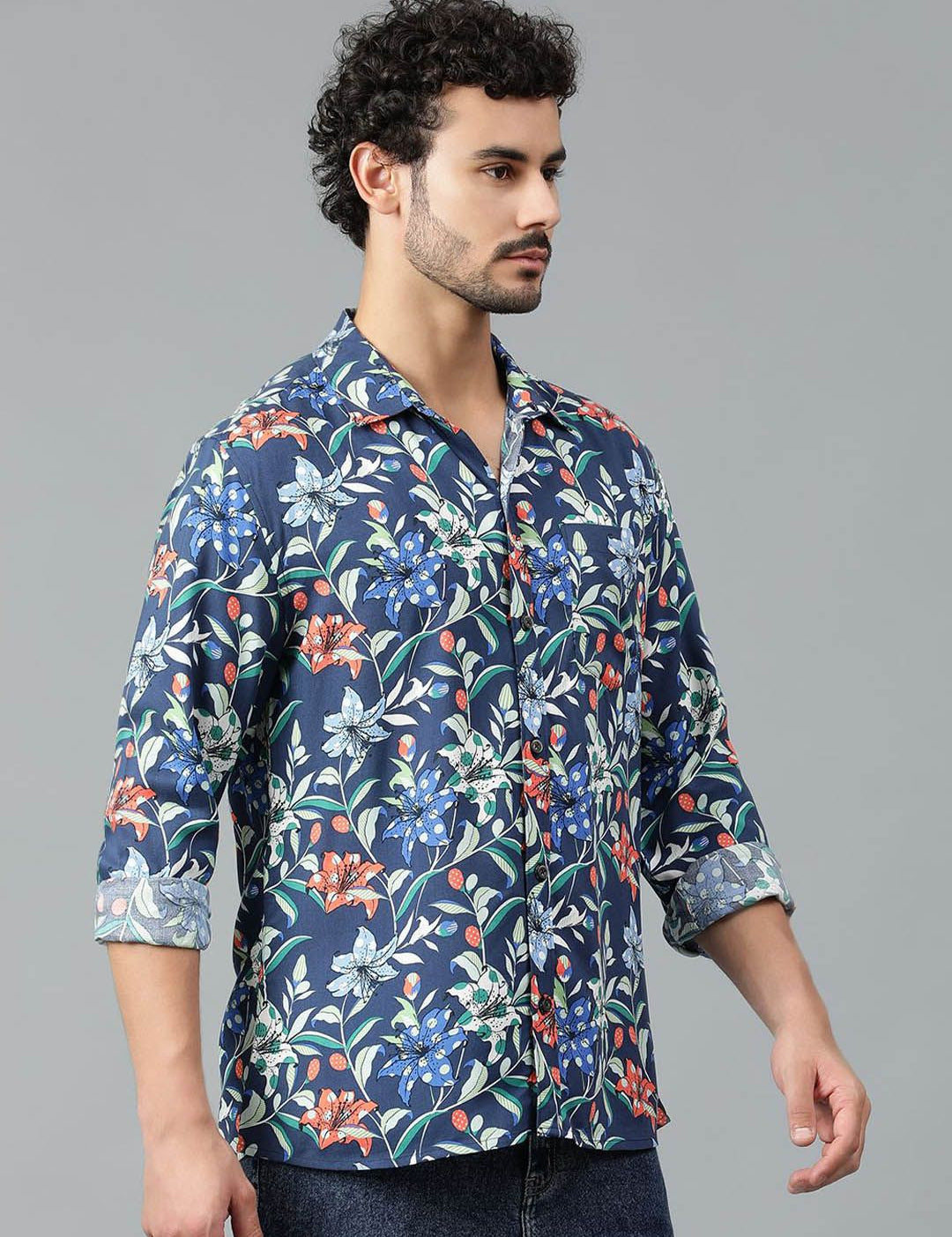 Kotty Men Spread Collar Floral Printed Casual Shirt