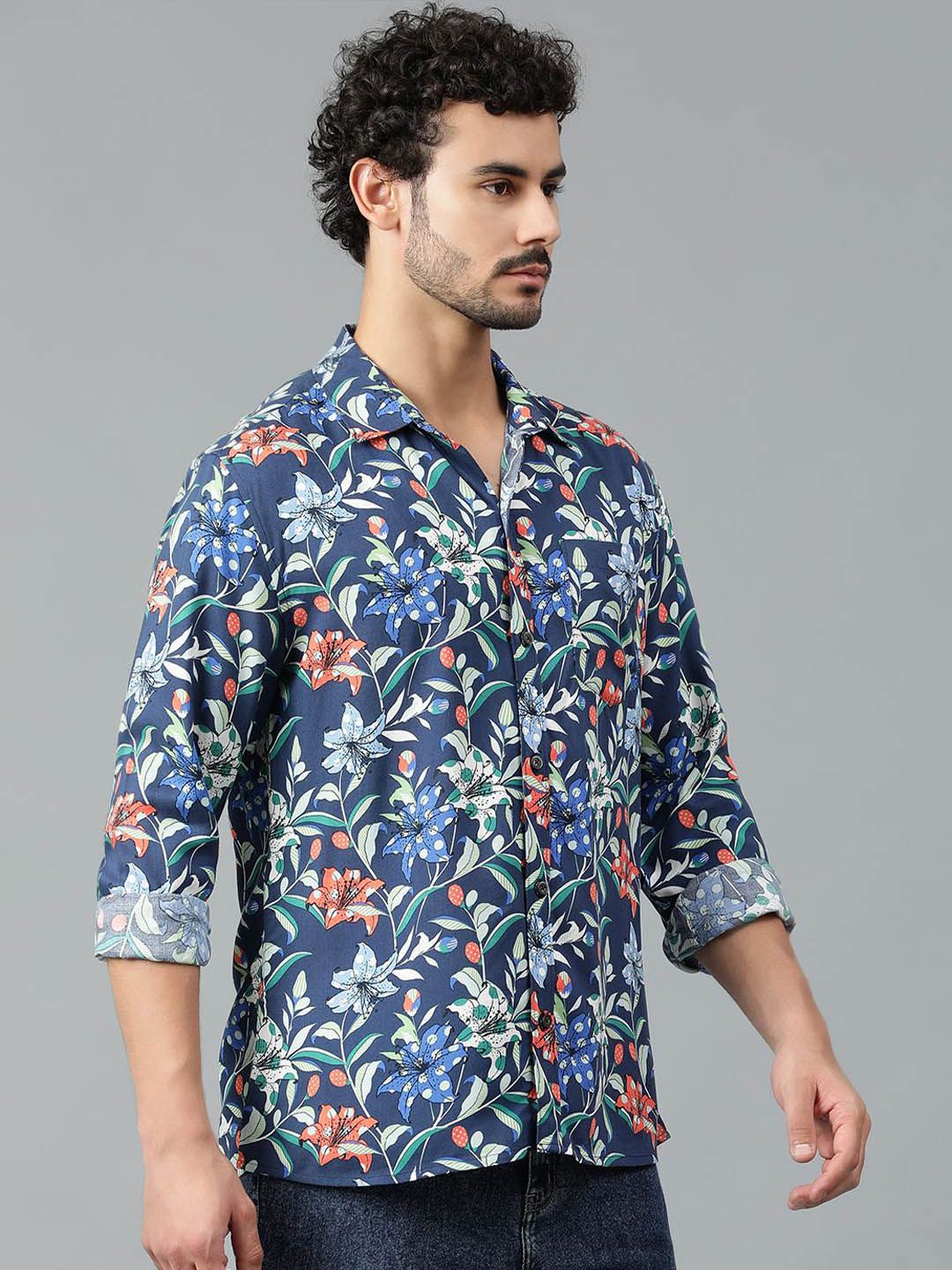 Kotty Men Spread Collar Floral Printed Casual Shirt