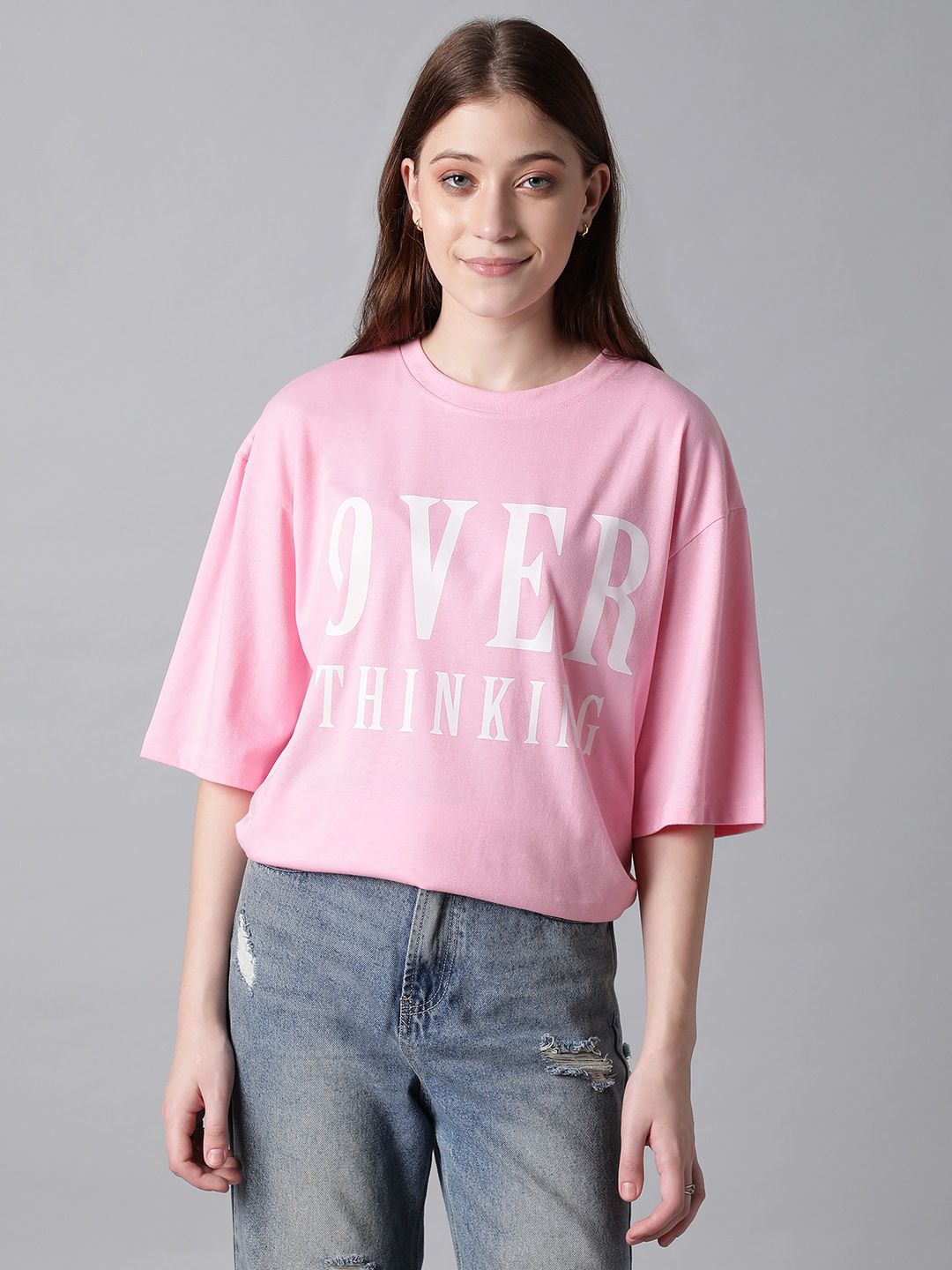 Kotty Typography Printed Drop-Shoulder Sleeves Oversized T-shirt