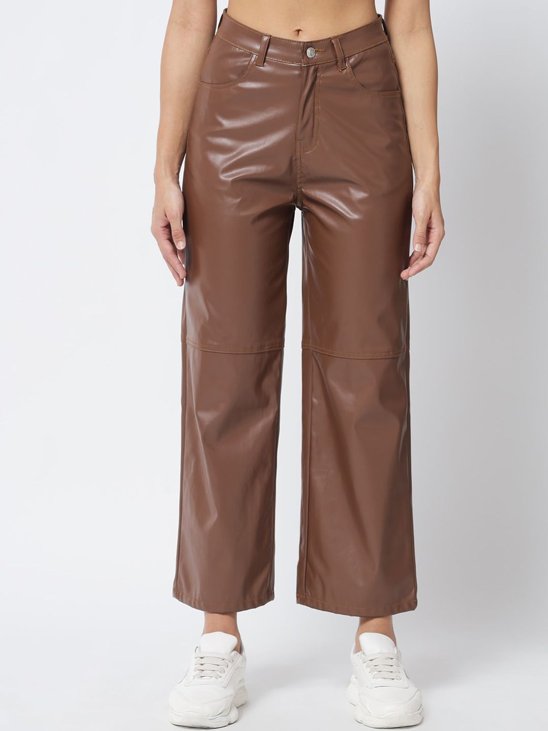 Kotty Women Brown Relaxed Straight Fit Cropped PU Leather Parallel Trousers