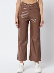Kotty Women Brown Relaxed Straight Fit Cropped PU Leather Parallel Trousers