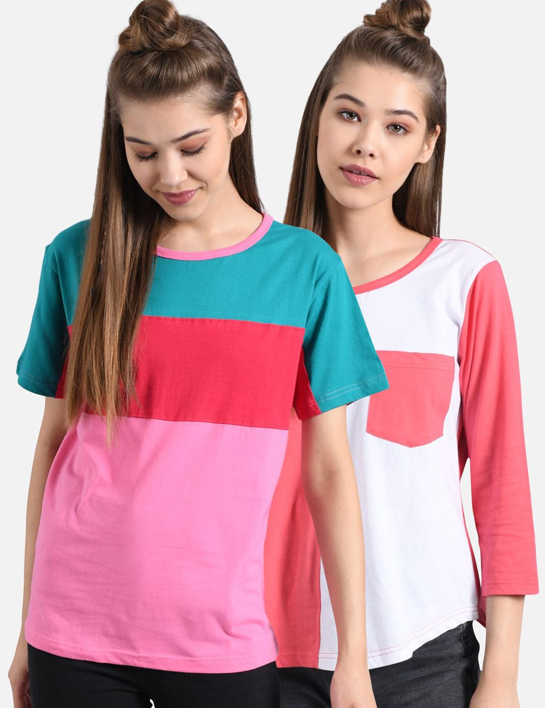 Kotty Women Multicoloured Pack Of 2 Colourblocked Round Neck T-shirt