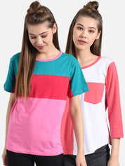 Kotty Women Multicoloured Pack Of 2 Colourblocked Round Neck T-shirt