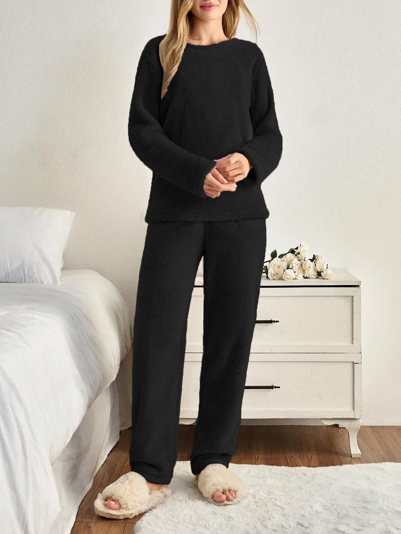 KOTTY Women's Black Fleece Winter Casual Co Ord Set