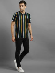 Kotty Men Green Striped Henley Neck T-shirt