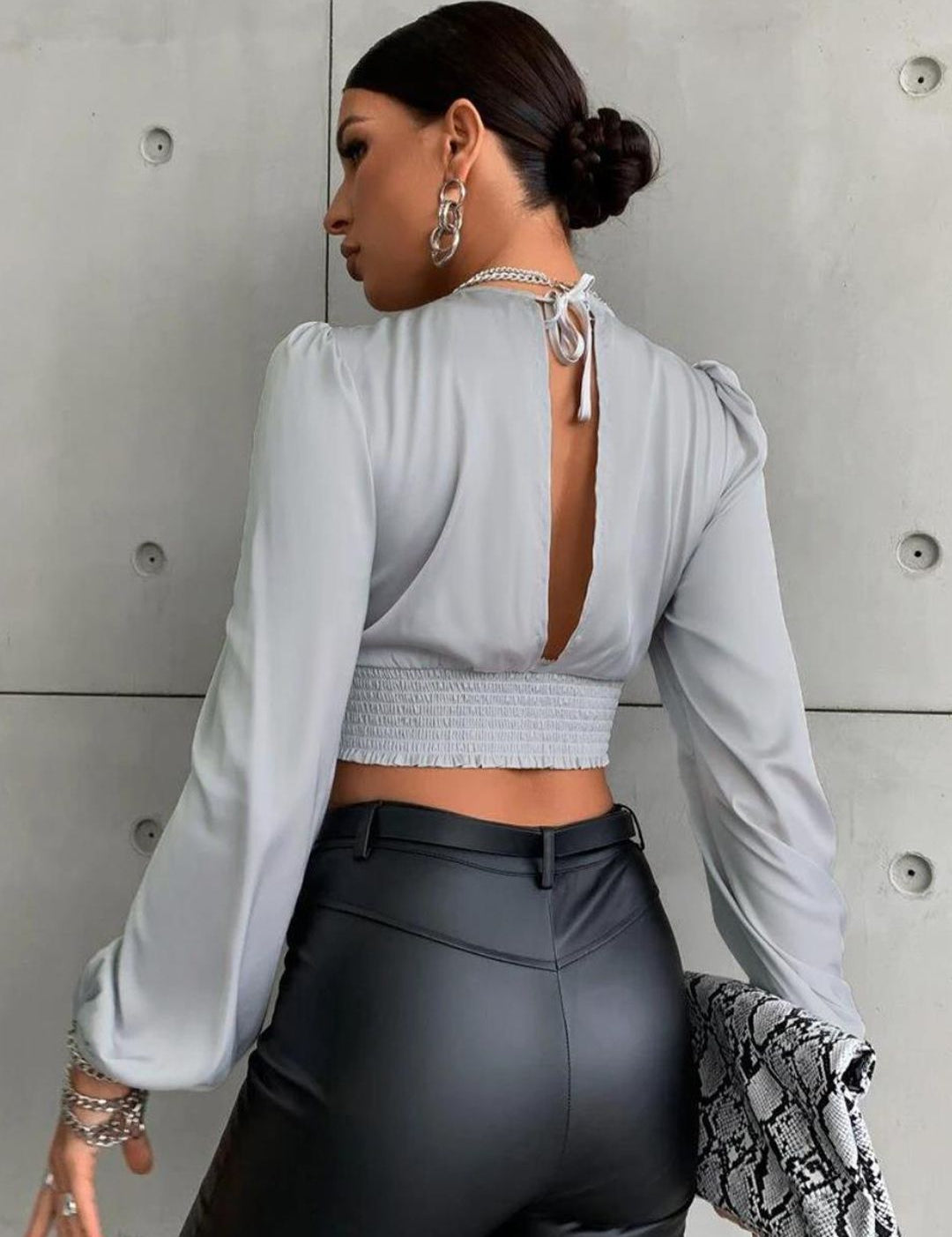 Kotty Grey Tie-Up Neck Satin Crop Top