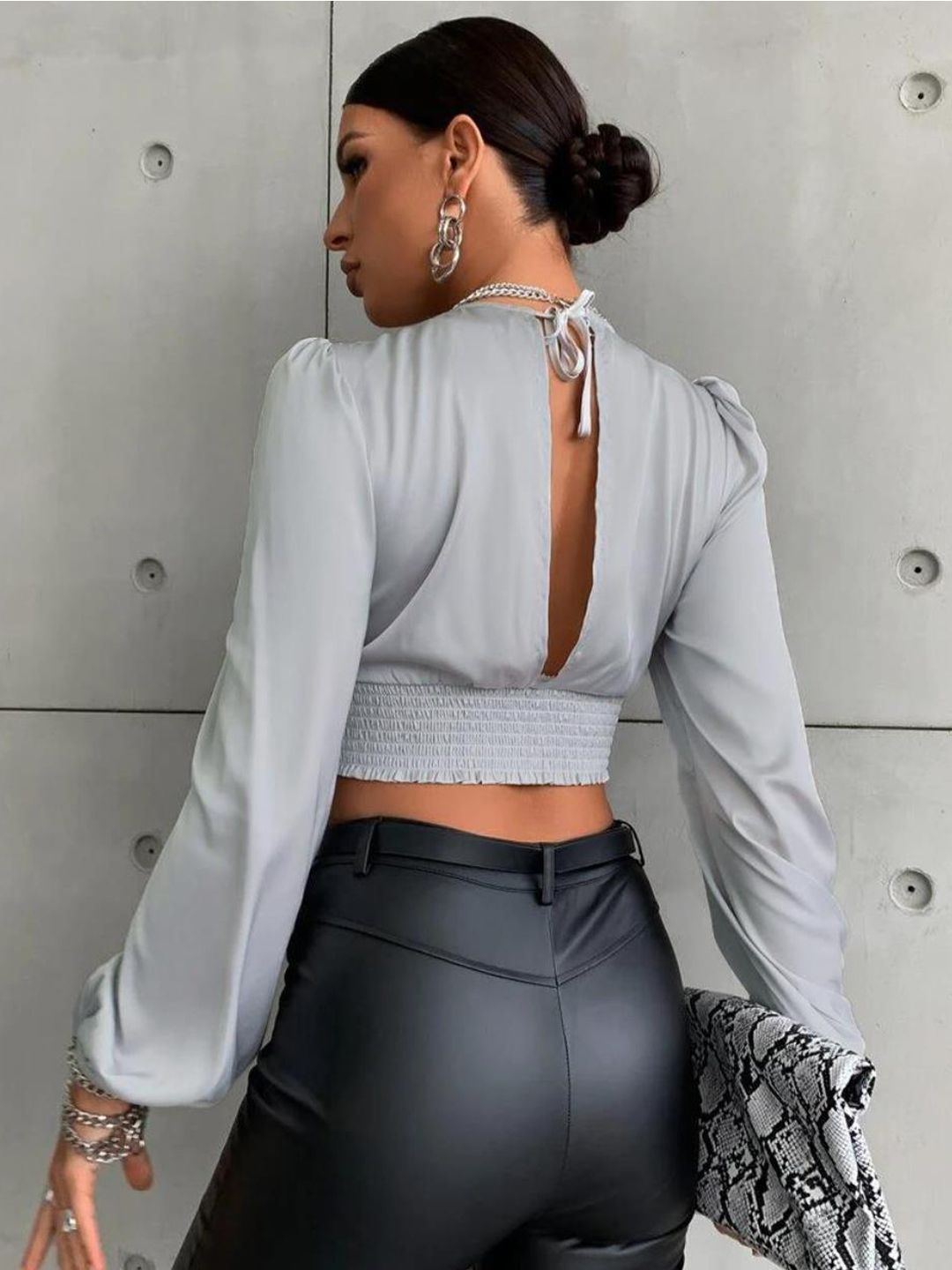 Kotty Grey Tie-Up Neck Satin Crop Top
