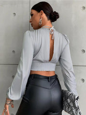 Kotty Grey Tie-Up Neck Satin Crop Top