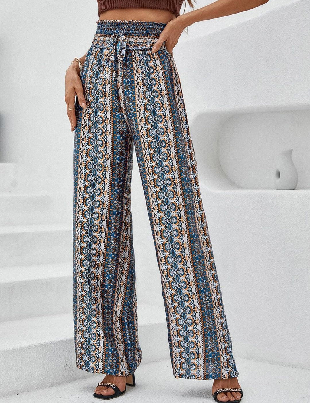 Kotty Women Blue Printed Relaxed High-Rise Easy Wash Trousers