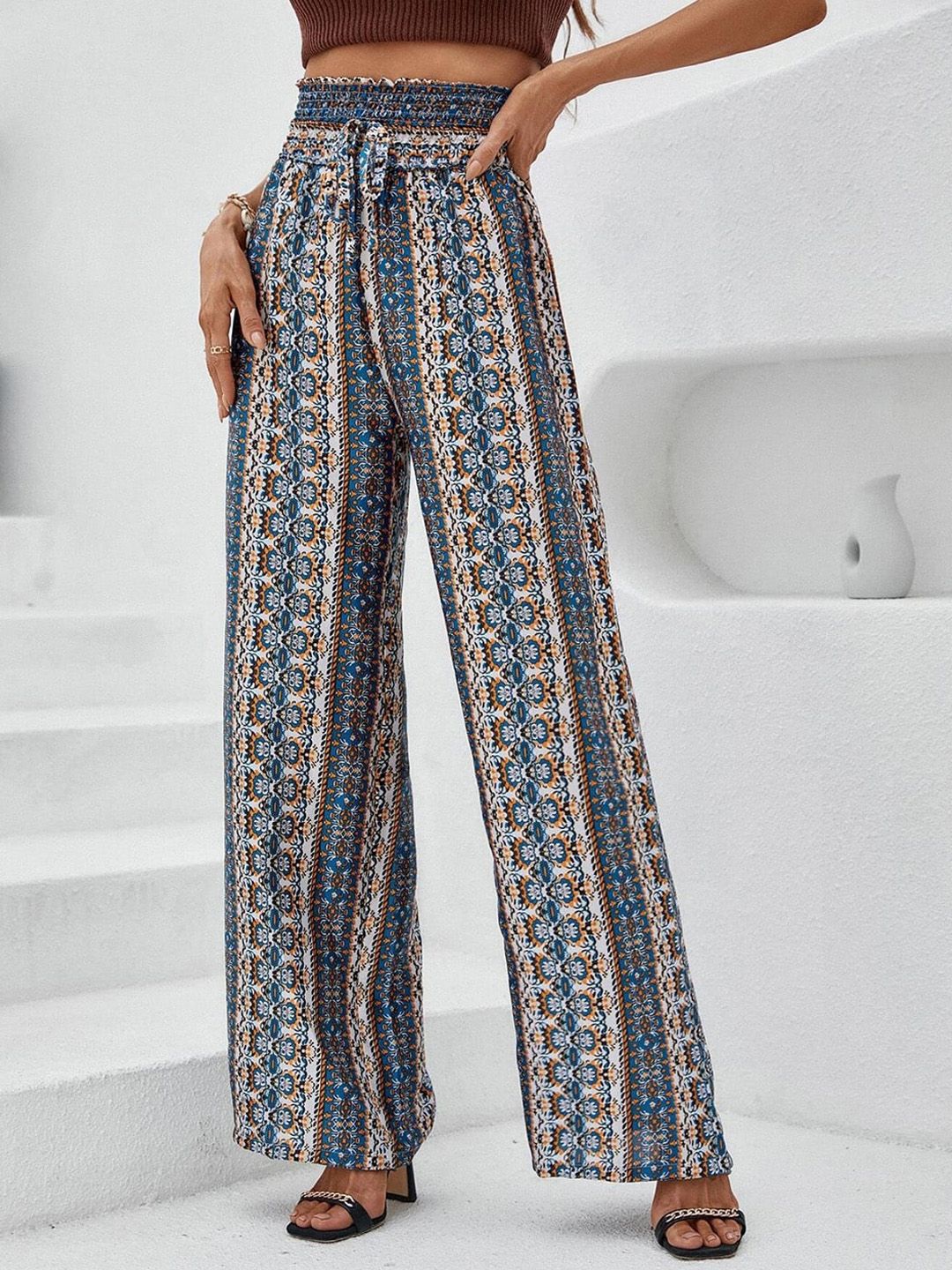 Kotty Women Blue Printed Relaxed High-Rise Easy Wash Trousers