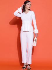 Kotty White V-Neck Long Sleeves Top With Trousers