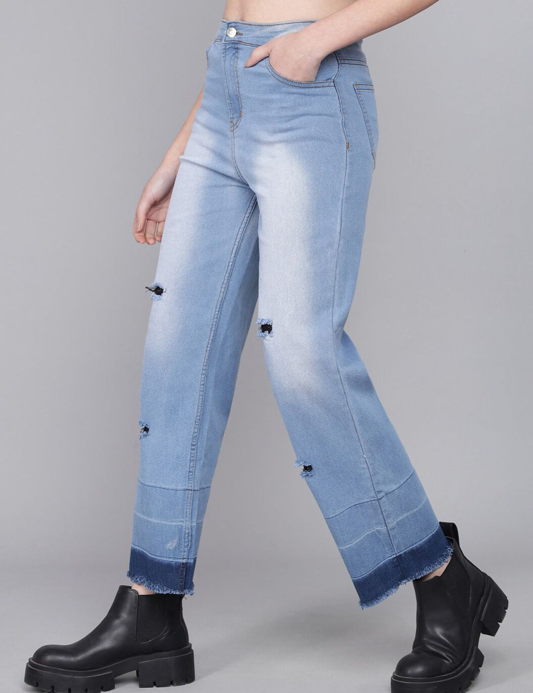 Kotty Women Blue Flared High-Rise Low Distress Heavy Fade Jeans