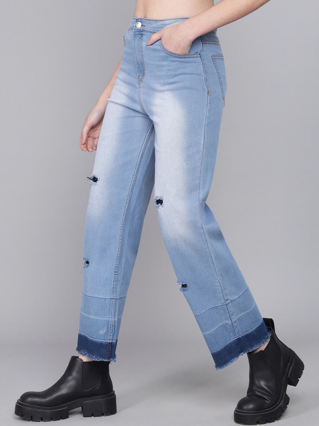 Kotty Women Blue Flared High-Rise Low Distress Heavy Fade Jeans