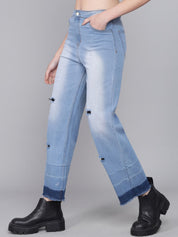 Kotty Women Blue Flared High-Rise Low Distress Heavy Fade Jeans
