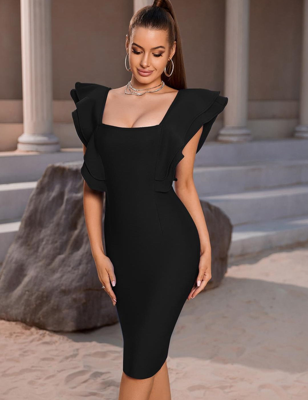 Kotty Black Square Neck Flutter Sleeves Bodycon Dress