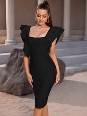 Kotty Black Square Neck Flutter Sleeves Bodycon Dress