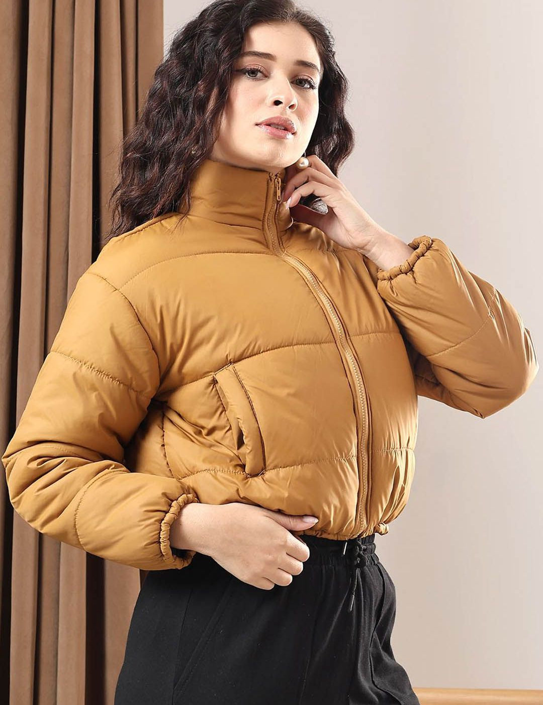Kotty Women Mock Collar Solid Casual Puffer Insulator Jacket