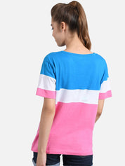 Kotty Women Pink & Turquoise Blue Colourblocked Round Neck T-shirt