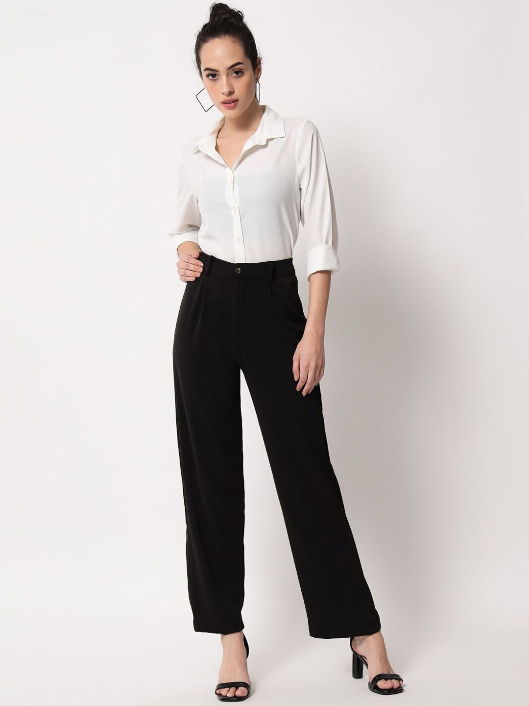 KOTTY BIZwear Women Black Relaxed Straight Leg Straight Fit High-Rise Easy Wash Pleated Trousers