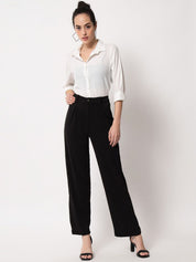 KOTTY BIZwear Women Black Relaxed Straight Leg Straight Fit High-Rise Easy Wash Pleated Trousers