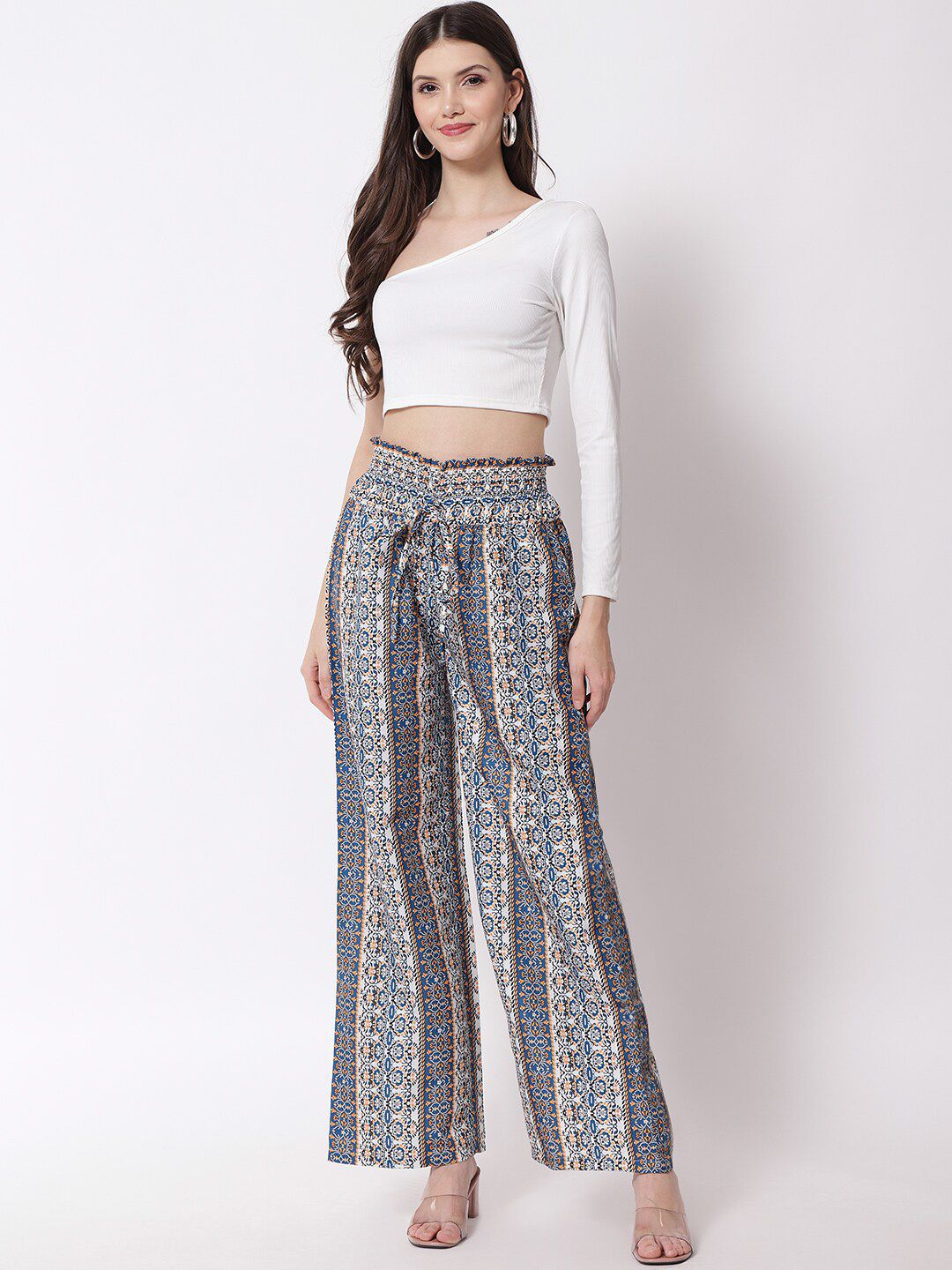 Kotty Women Blue Printed Relaxed High-Rise Easy Wash Trousers