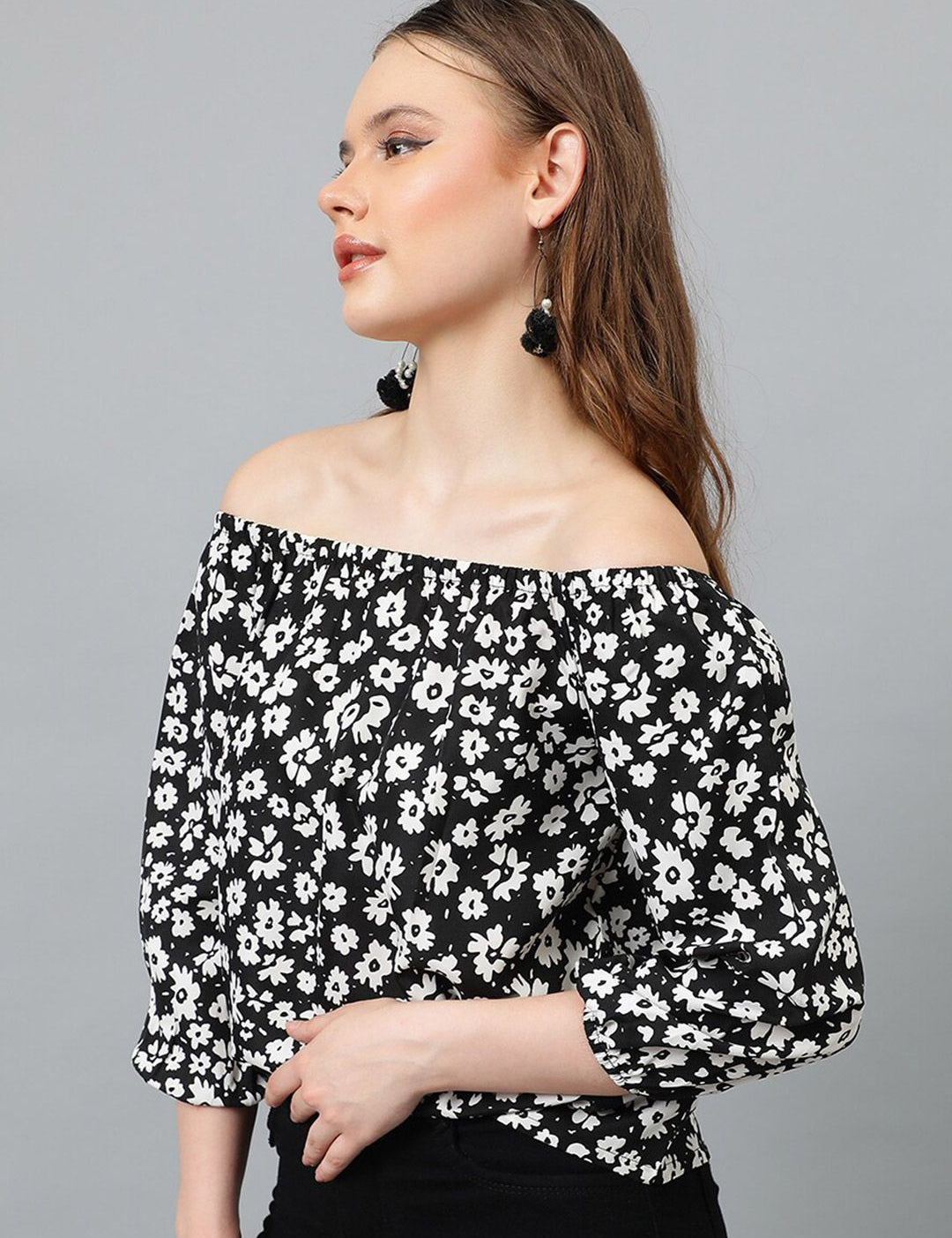 Kotty Black Floral Print Off-Shoulder Puff Sleeve Crepe Bardot Top