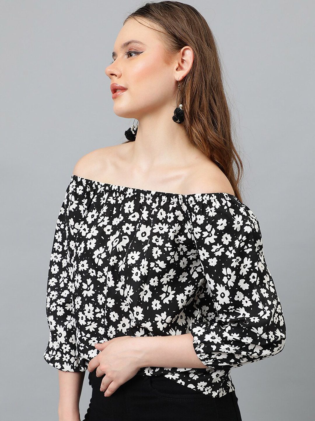 Kotty Black Floral Print Off-Shoulder Puff Sleeve Crepe Bardot Top