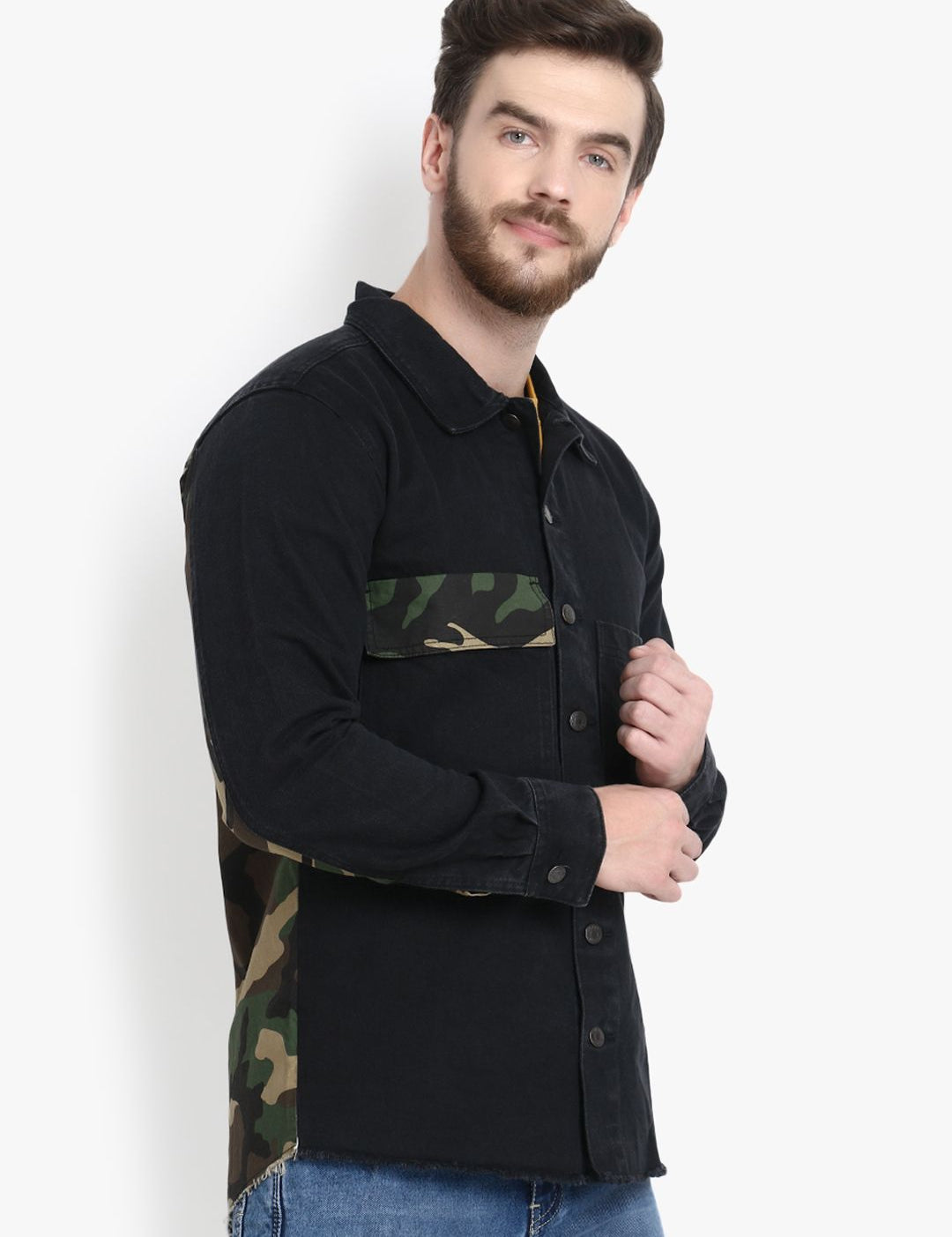 Kotty Men Black Camouflage Lightweight Denim Jacket